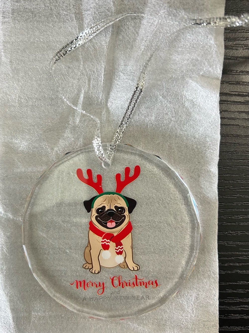 Cute Pug Christmas Ornament - Red & Green Accents